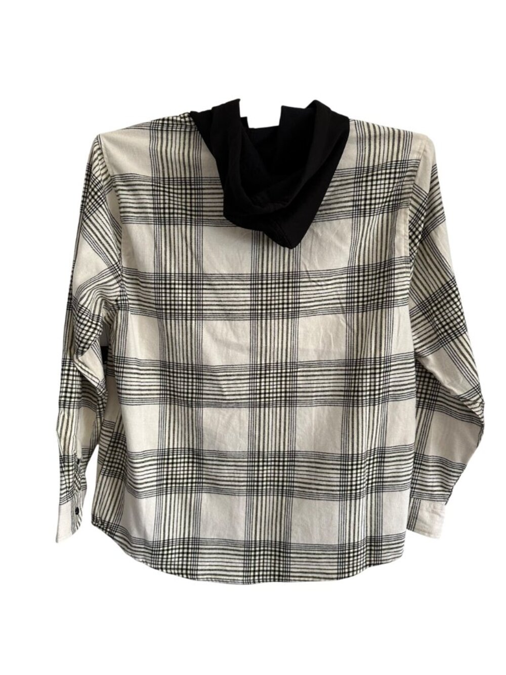 No Boundaries Oversized Men's Large Black Cream Plaid Hooded Flannel Shacket NWT - Picture 4 of 11